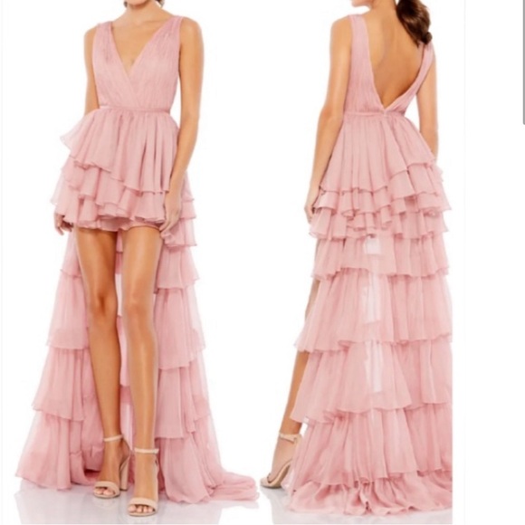 NWT IEENA for Mac Duggal Tiered Ruffle Chiffon High Low Gown Dress Blush Pink 4 - Picture 2 of 10
